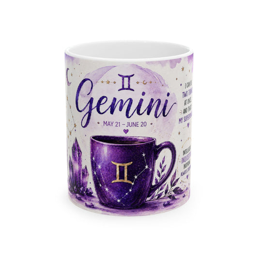 Gemini Zodiac Coffee Mug — Purple Astrology Horoscope Ceramic Mug (May 21–June 20)