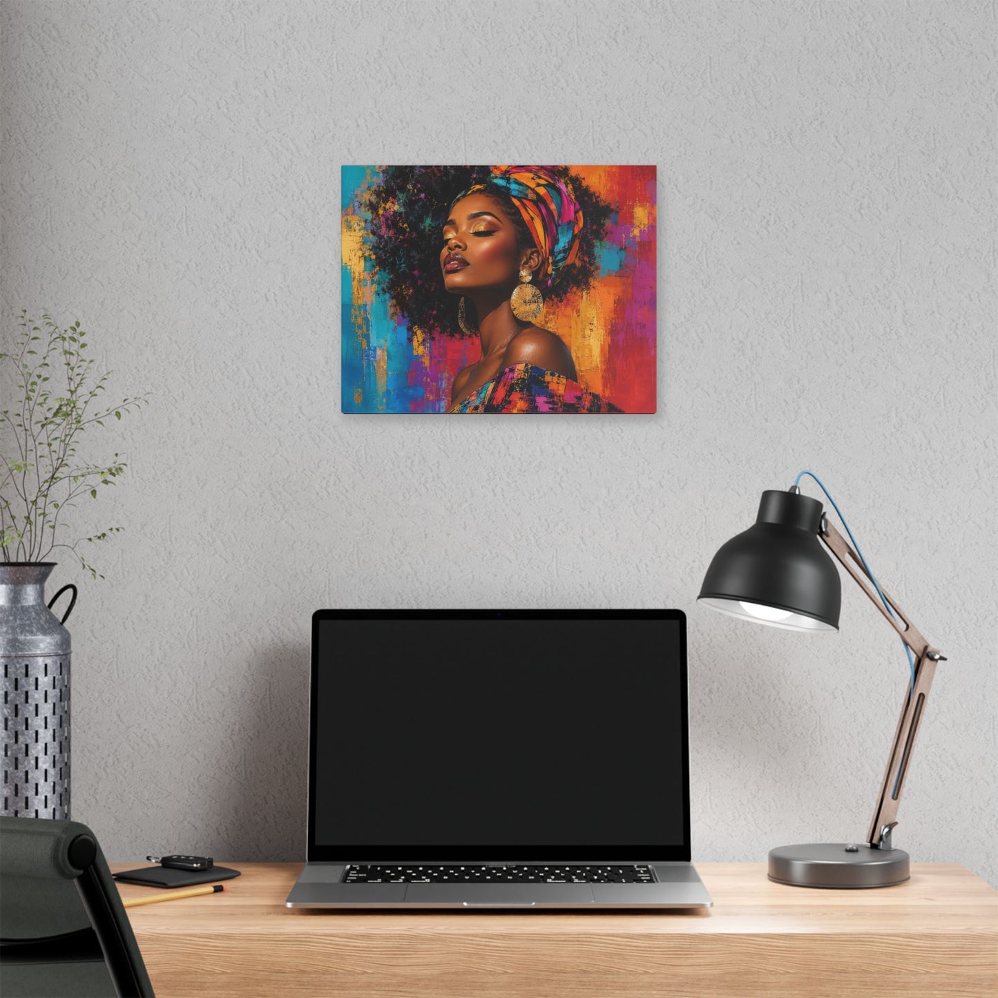 Afrocentric Woman Portrait Canvas — Colorful Headwrap Wall Art