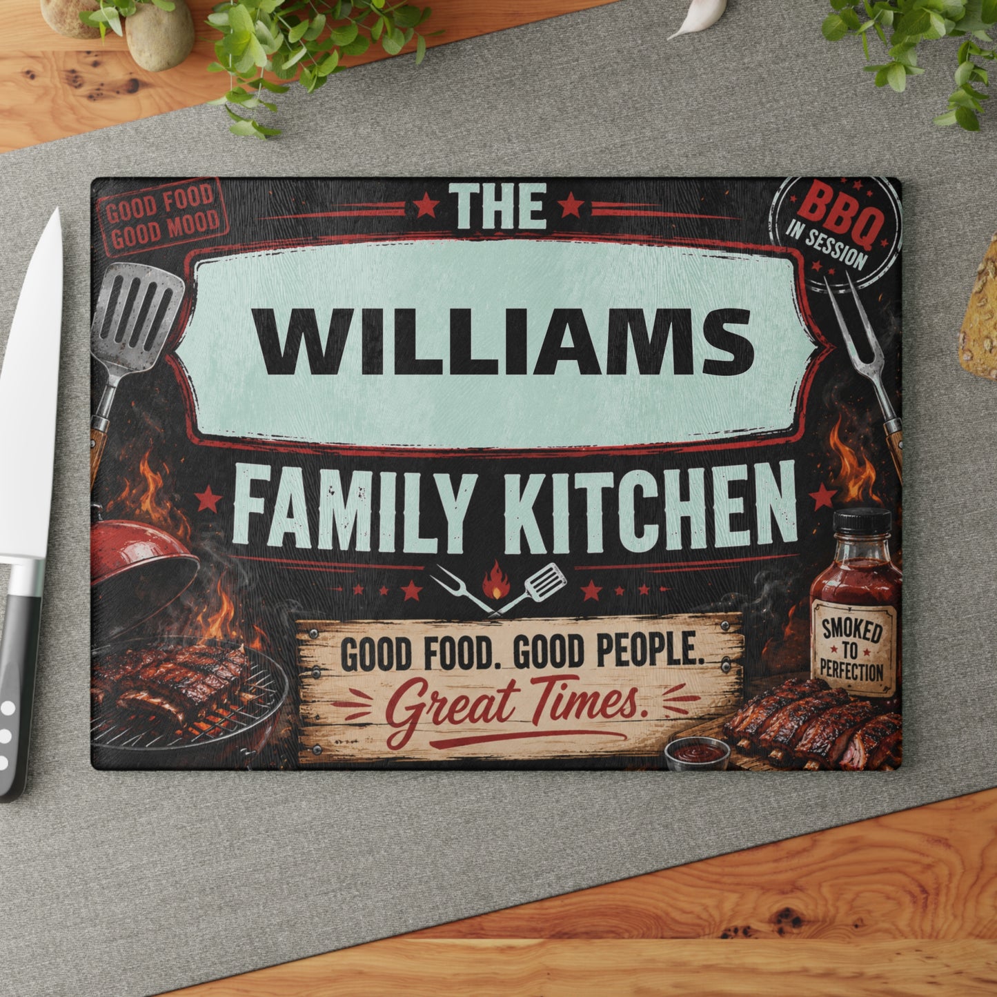 Personalized Family Kitchen Glass Cutting Board — 'The [Name] Family Kitchen' BBQ Sign Design