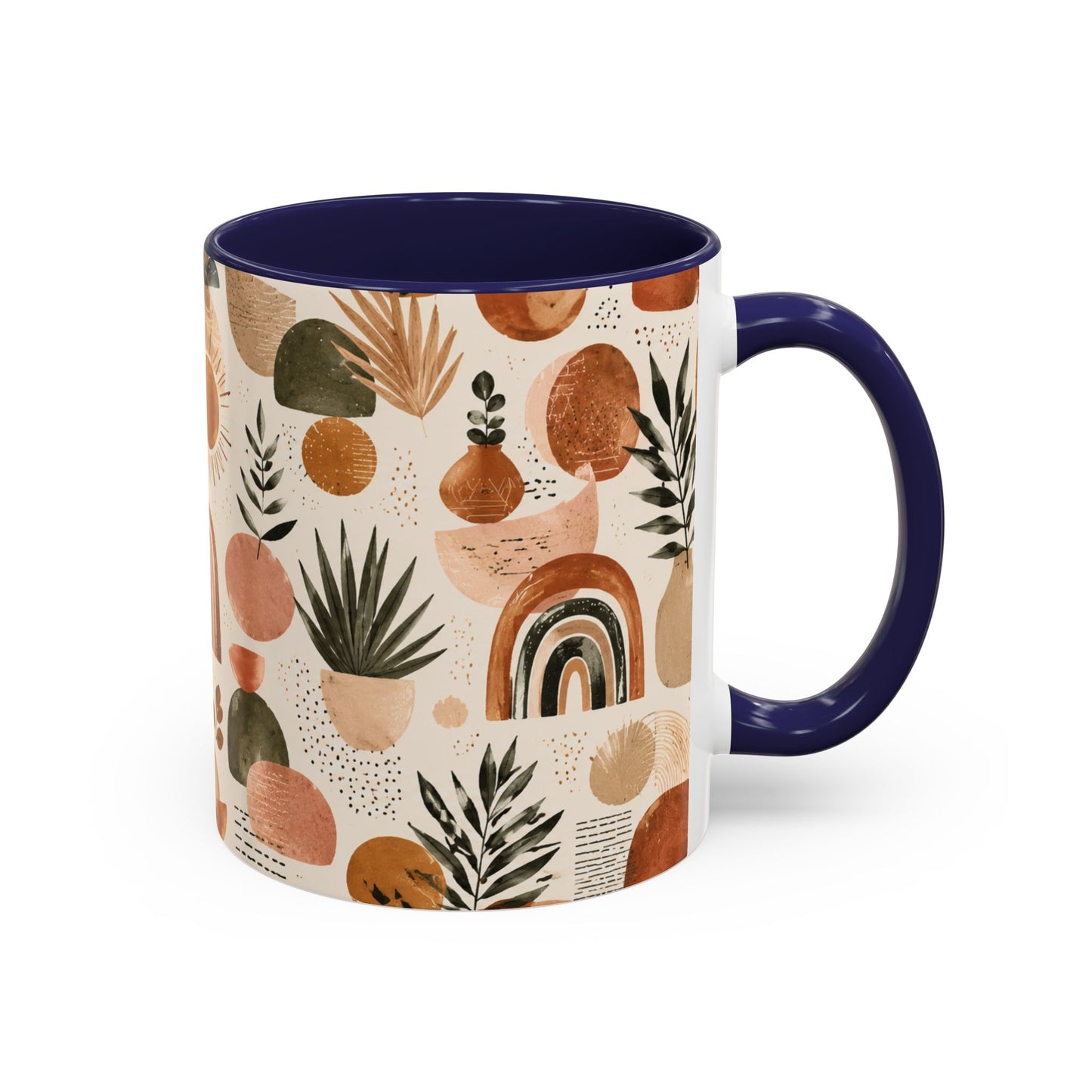 Boho Earth Tone Accent Coffee Mug — Abstract Rainbows & Plants (11/15oz)