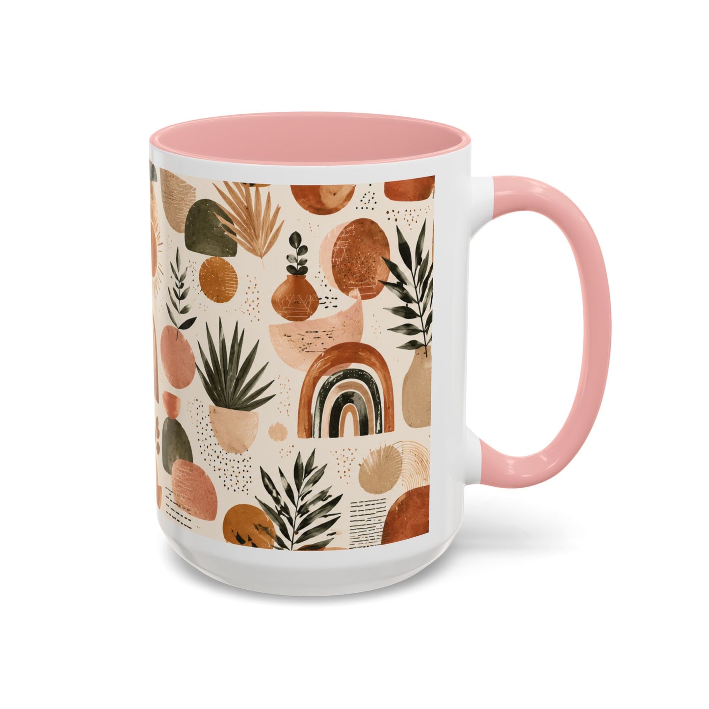 Boho Earth Tone Accent Coffee Mug — Abstract Rainbows & Plants (11/15oz)