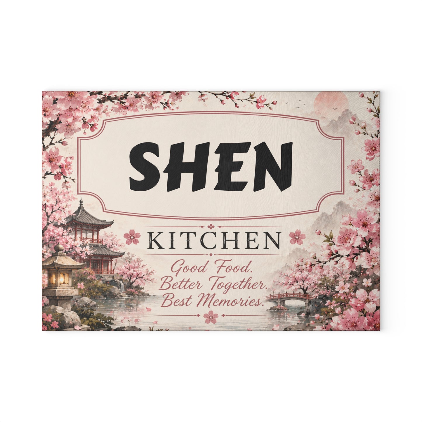 Personalized Glass Cutting Board - Cherry Blossom '[YOUR LAST NAME] Kitchen' Decorative Countertop Sign