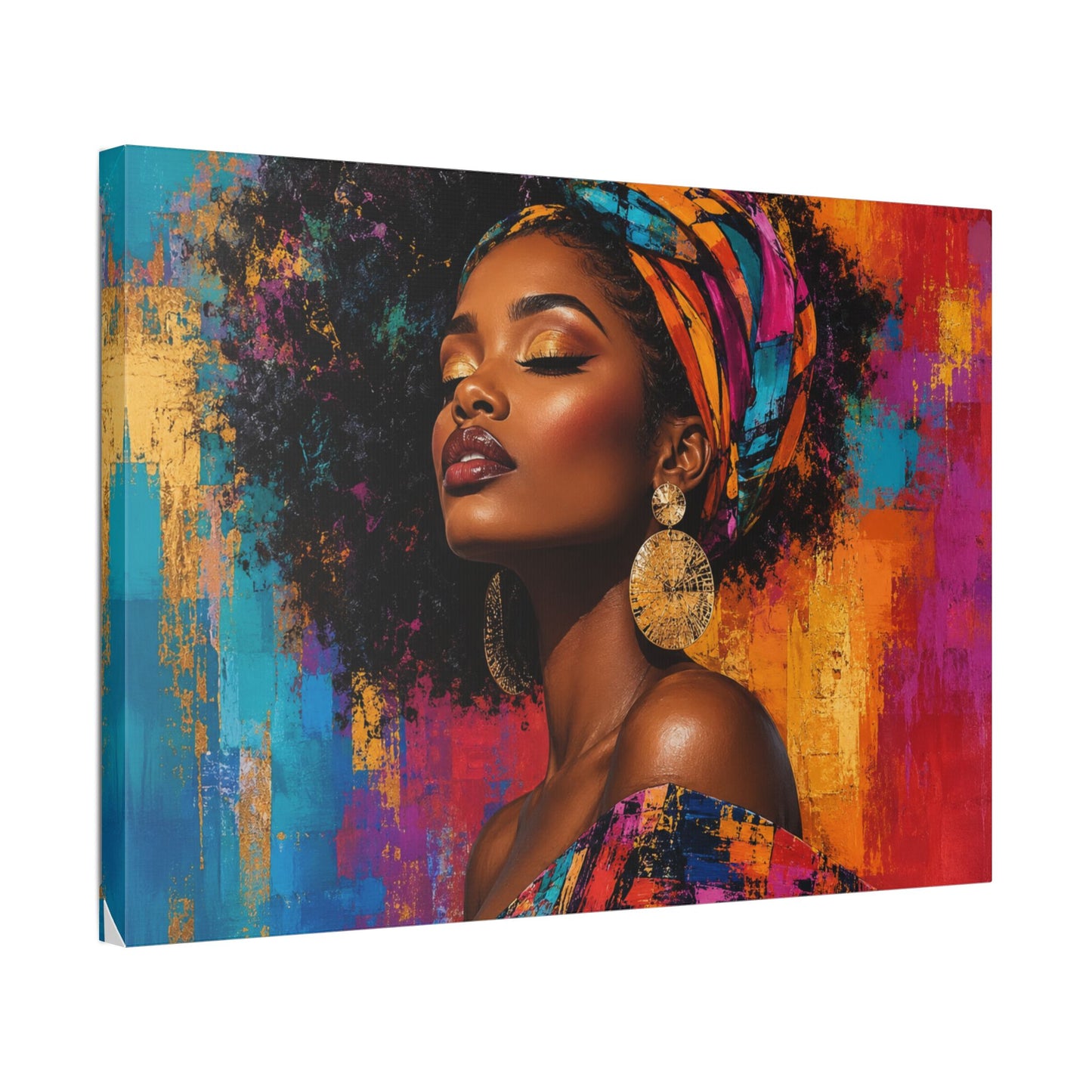 Afrocentric Woman Portrait Canvas — Colorful Headwrap Wall Art