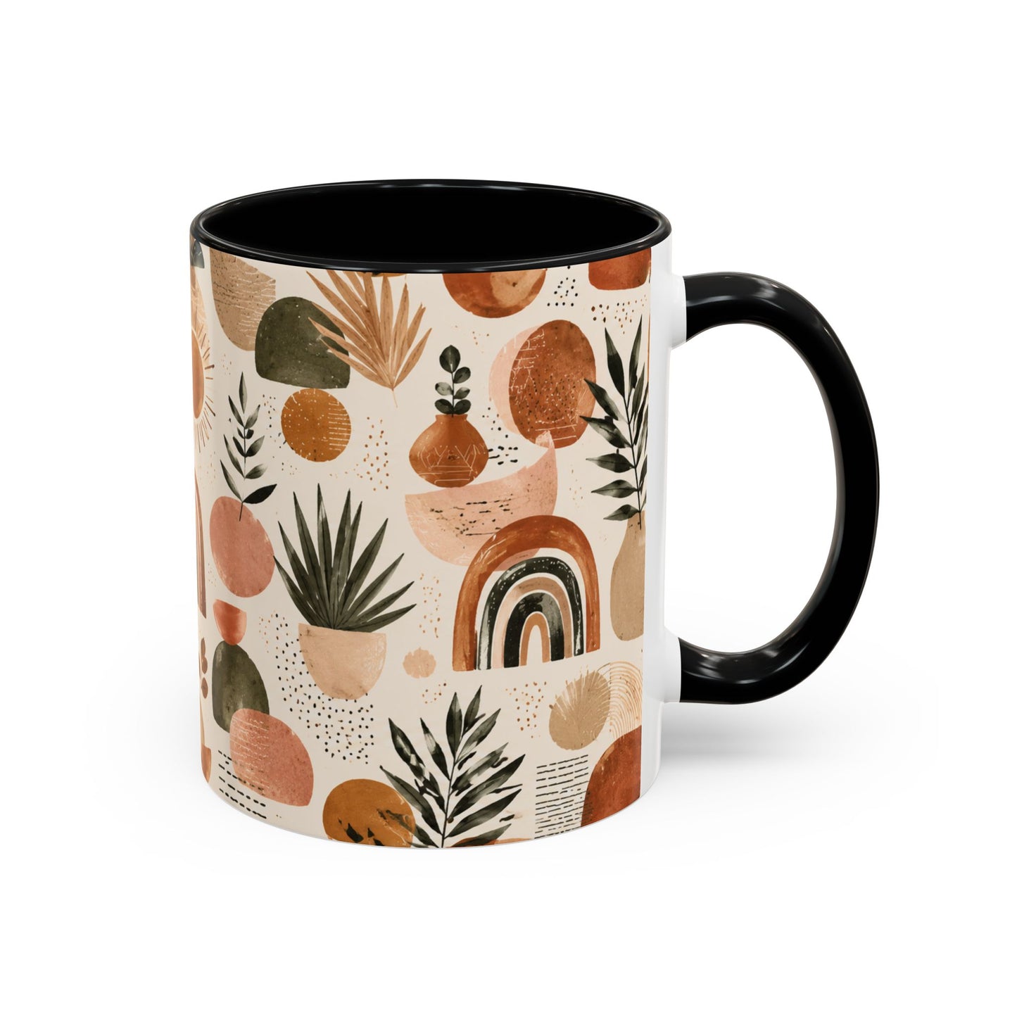 Boho Earth Tone Accent Coffee Mug — Abstract Rainbows & Plants (11/15oz)