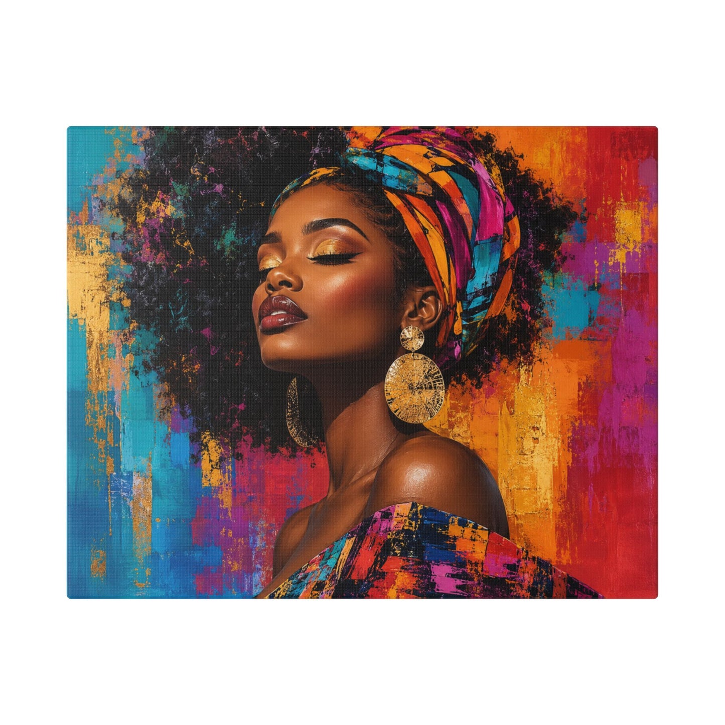 Afrocentric Woman Portrait Canvas — Colorful Headwrap Wall Art