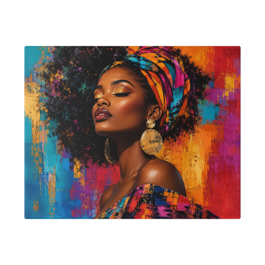 Afrocentric Woman Portrait Canvas — Colorful Headwrap Wall Art