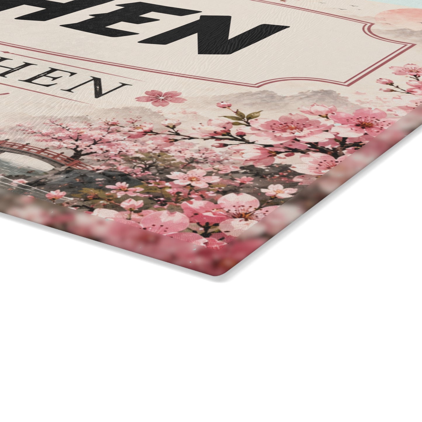 Personalized Glass Cutting Board - Cherry Blossom '[YOUR LAST NAME] Kitchen' Decorative Countertop Sign