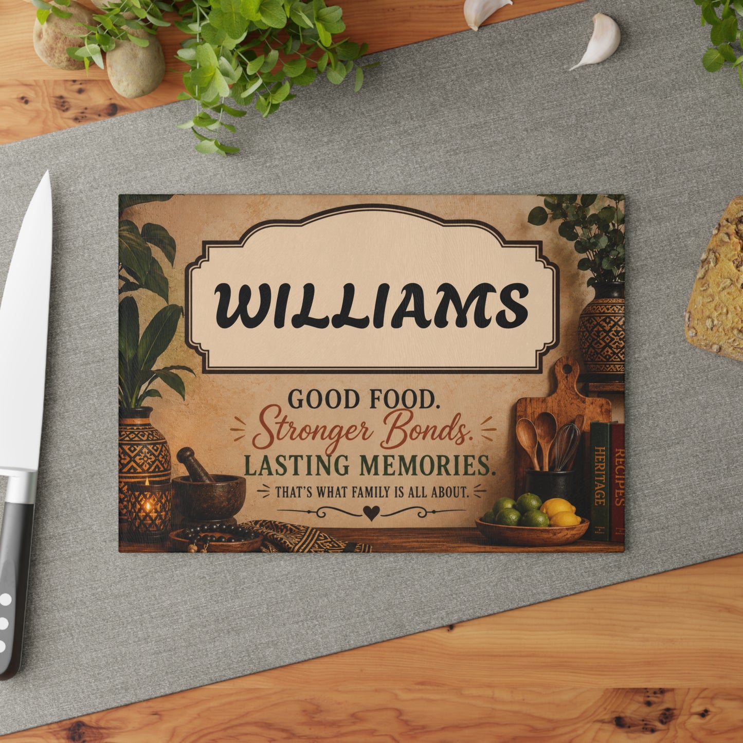 Personalized Glass Cutting Board — '[YOUR LAST NAME]' Family Kitchen Sign, 'Good Food. Stronger Bonds. Lasting Memories.'