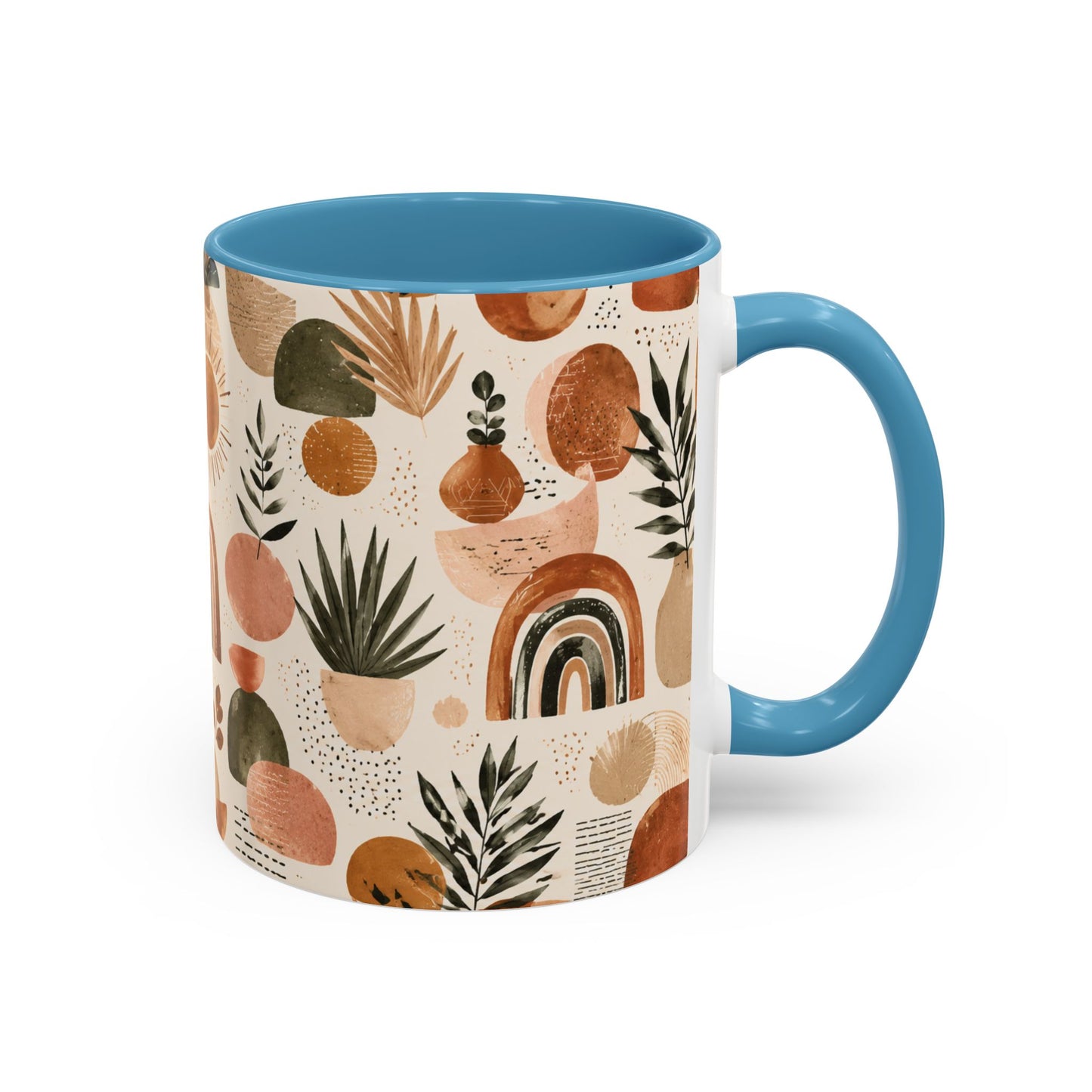 Boho Earth Tone Accent Coffee Mug — Abstract Rainbows & Plants (11/15oz)