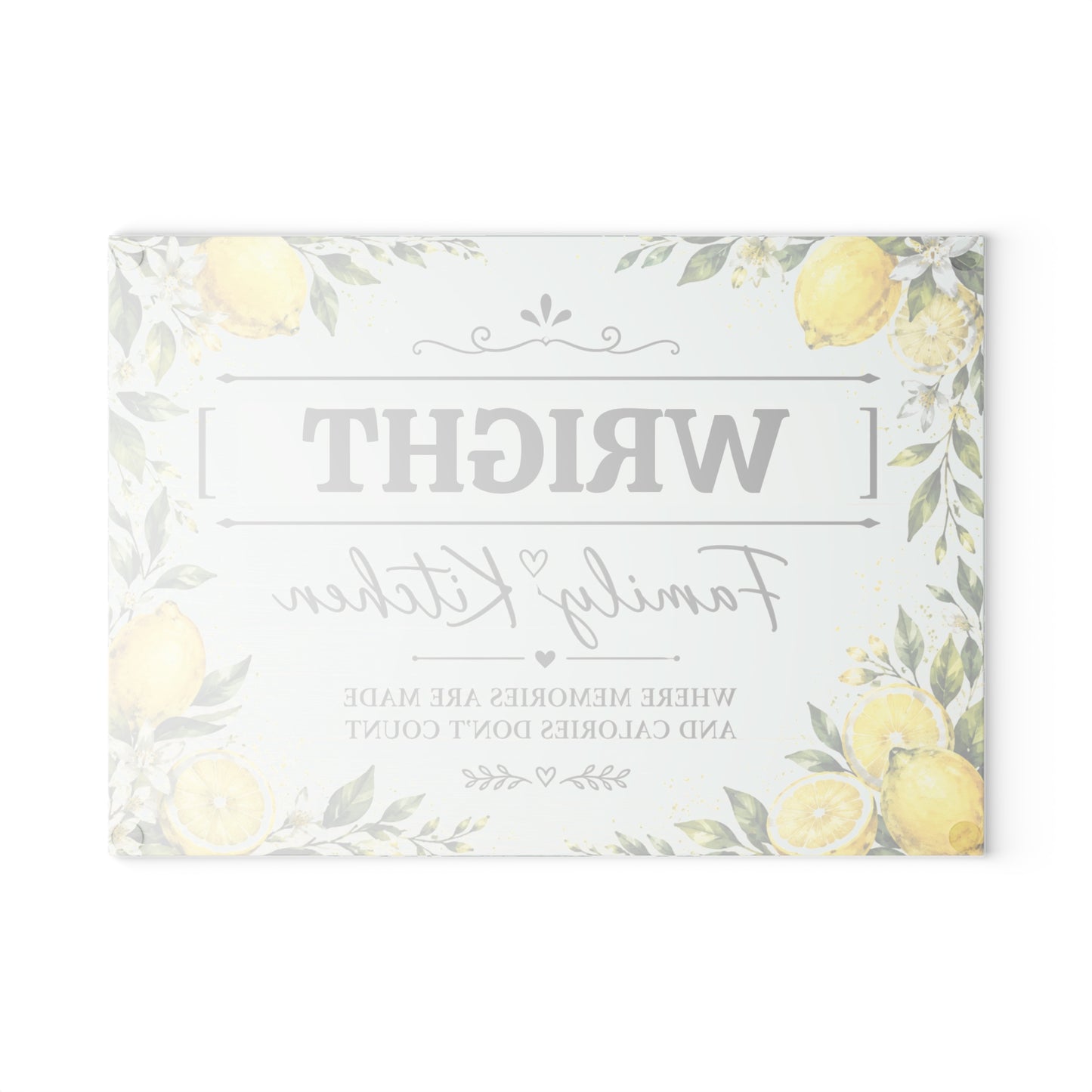 Personalized Glass Cutting Board – "[YOUR LAST NAME] Family Kitchen" Lemon Design (Where Memories Are Made)