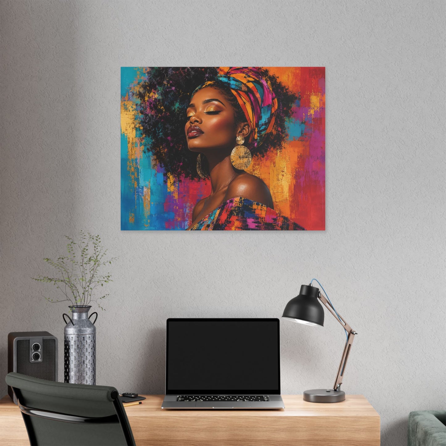Afrocentric Woman Portrait Canvas — Colorful Headwrap Wall Art