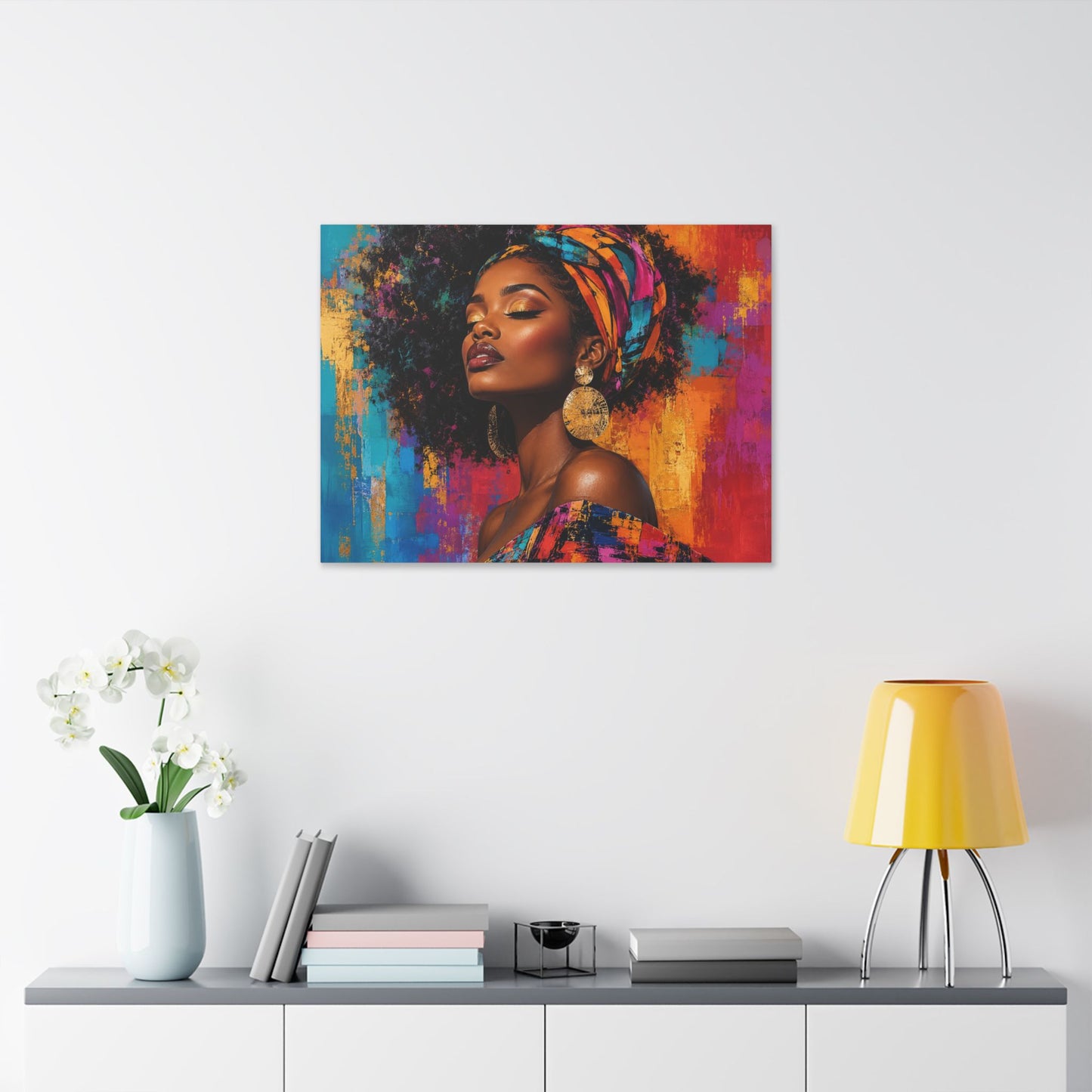 Afrocentric Woman Portrait Canvas — Colorful Headwrap Wall Art
