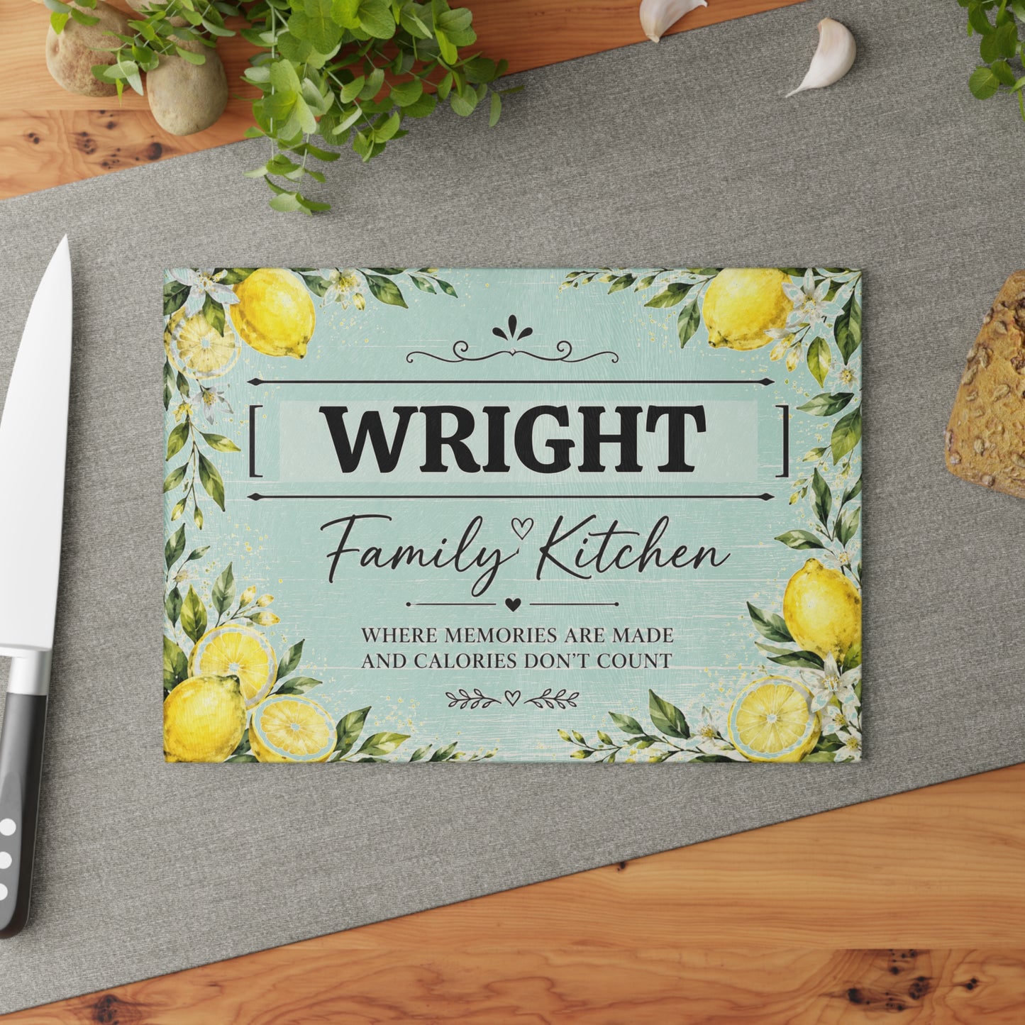 Personalized Glass Cutting Board – "[YOUR LAST NAME] Family Kitchen" Lemon Design (Where Memories Are Made)