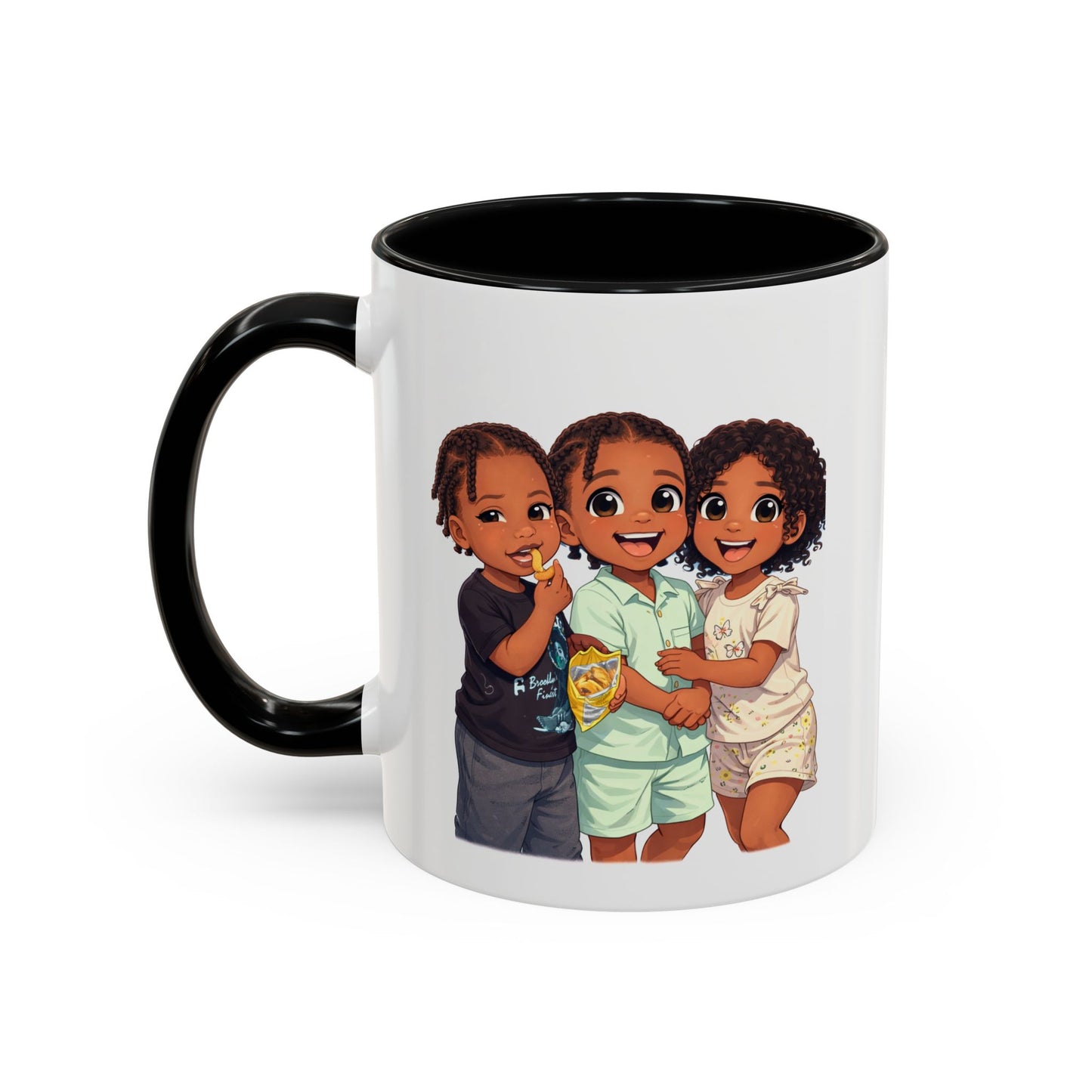 Cute Kids Trio Accent Coffee Mug — Adorable Cartoon Siblings Design (11/15oz)
