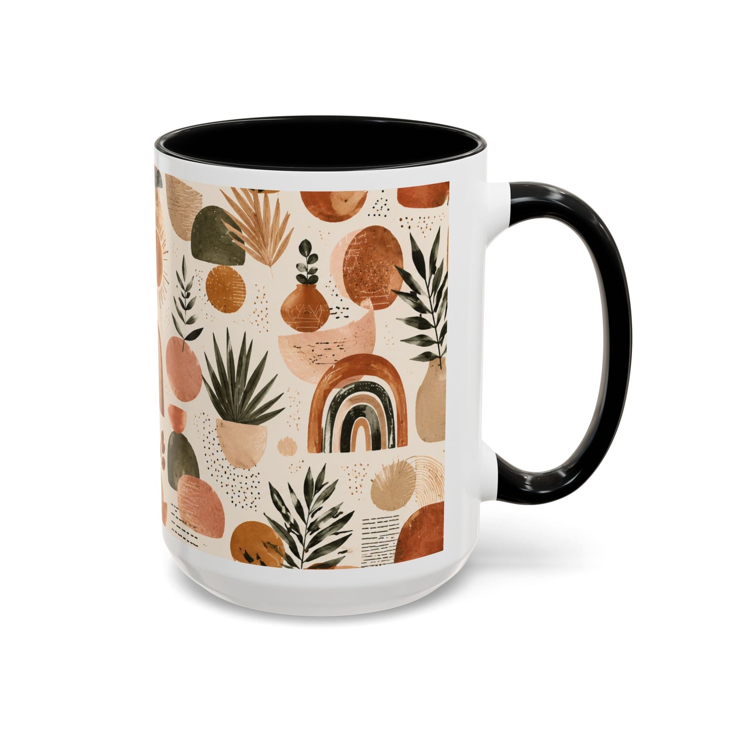 Boho Earth Tone Accent Coffee Mug — Abstract Rainbows & Plants (11/15oz)