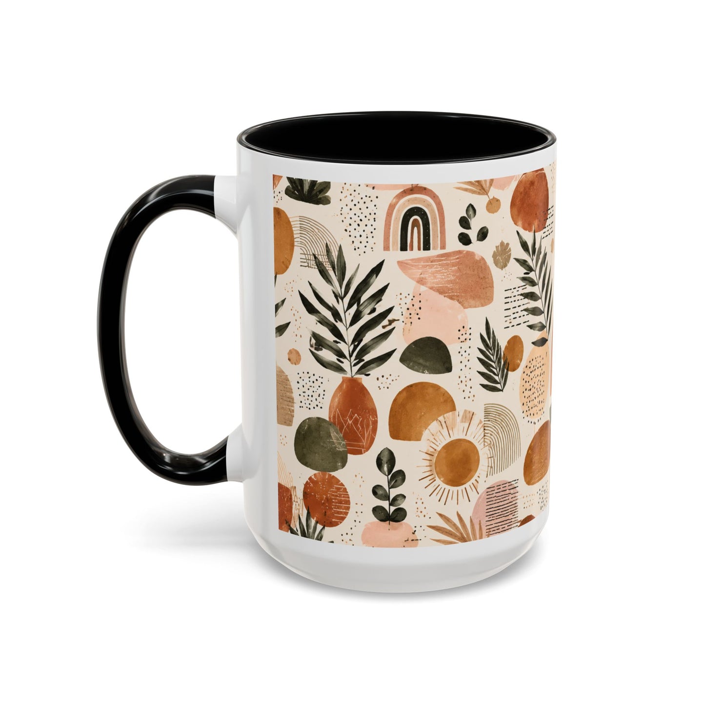 Boho Earth Tone Accent Coffee Mug — Abstract Rainbows & Plants (11/15oz)