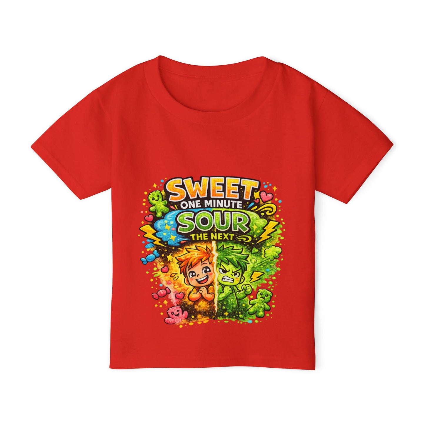Toddler T-Shirt — "Sweet One Minute, Sour The Next" Colorful Cartoon Kids Tee