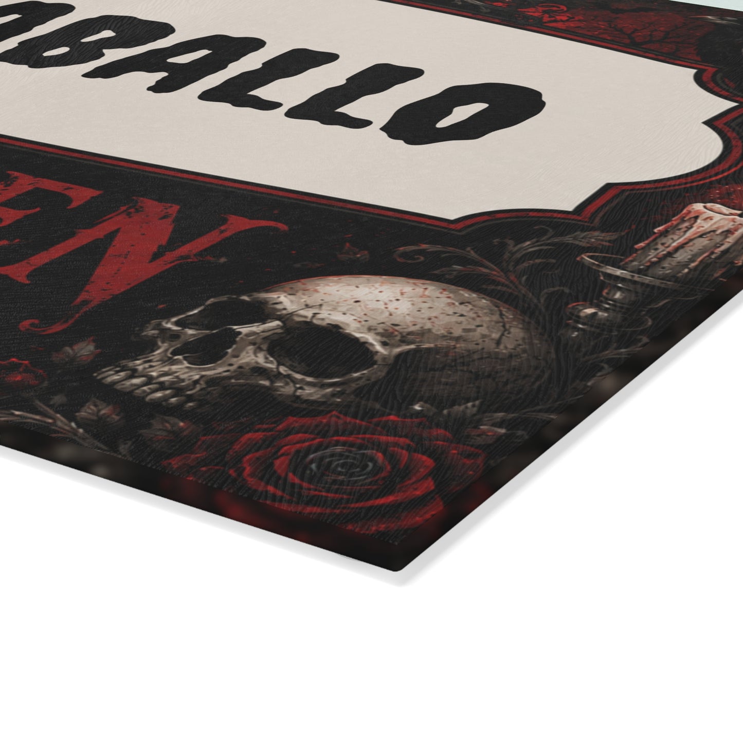 Personalized Gothic Glass Cutting Board – "CARABALLO Kitchen: Seasoned with Love, Served with Attitude"