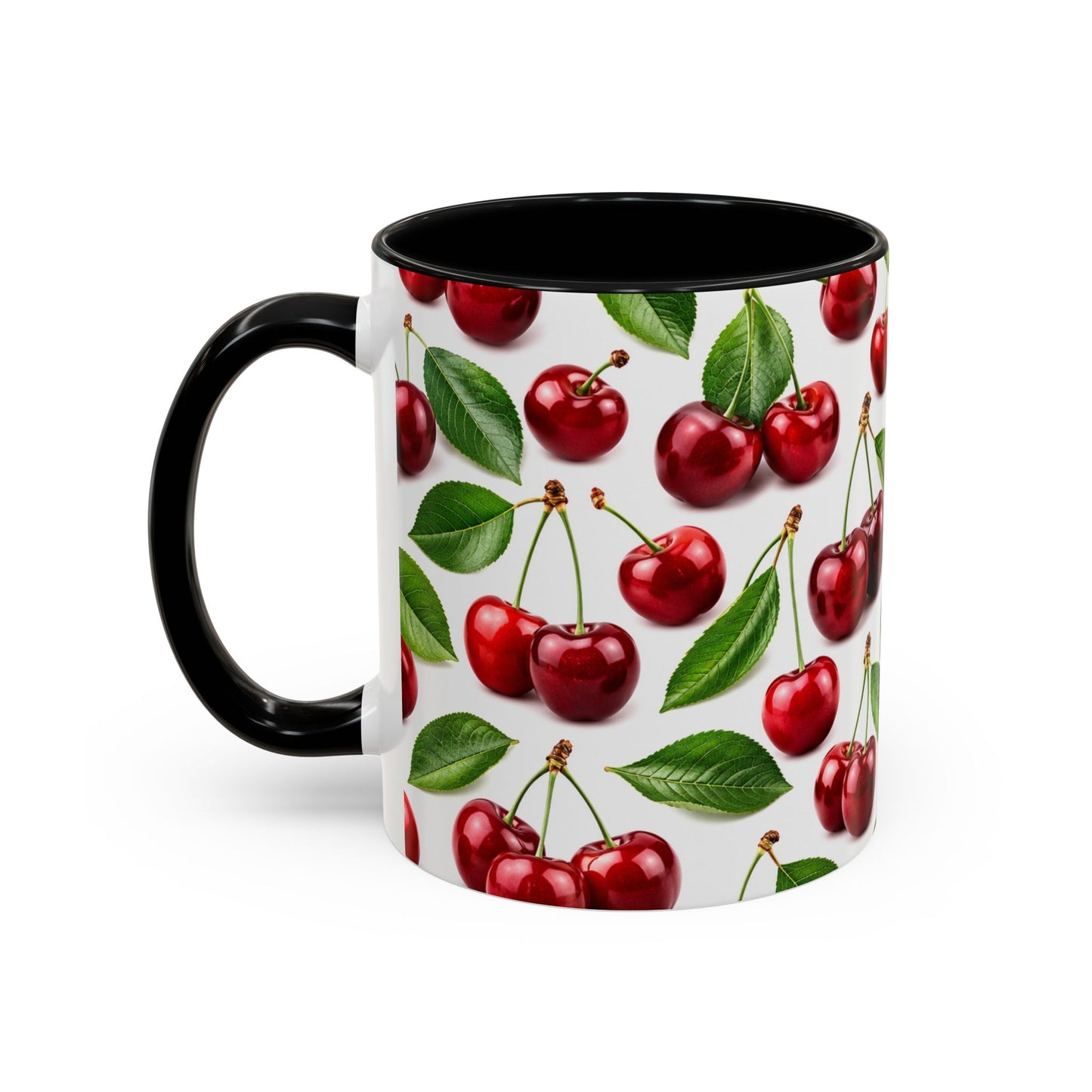 Cherry Pattern Accent Coffee Mug — Retro Red Cherry Ceramic Cup (11/15 oz)