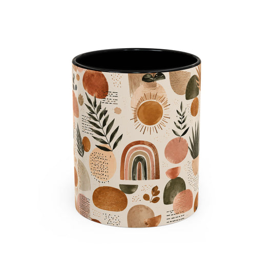 Boho Earth Tone Accent Coffee Mug — Abstract Rainbows & Plants (11/15oz)