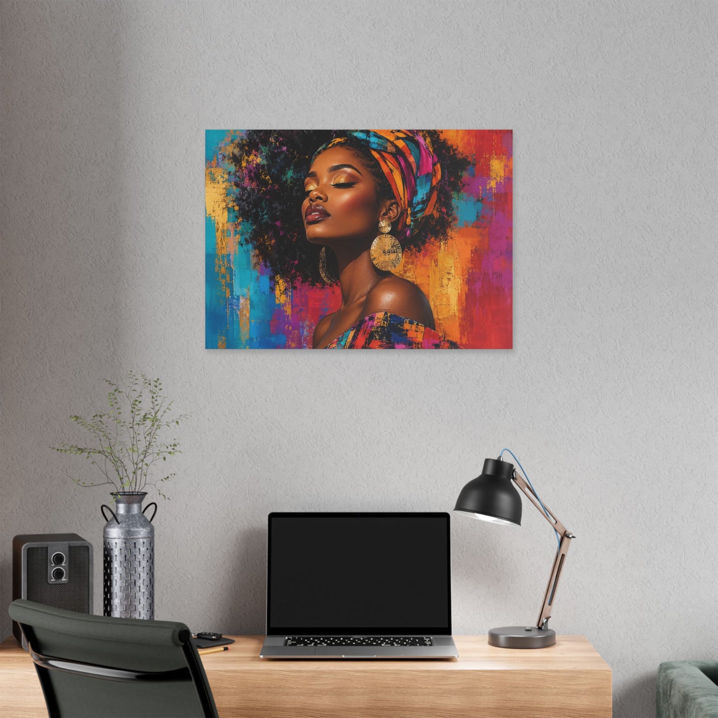 Afrocentric Woman Portrait Canvas — Colorful Headwrap Wall Art