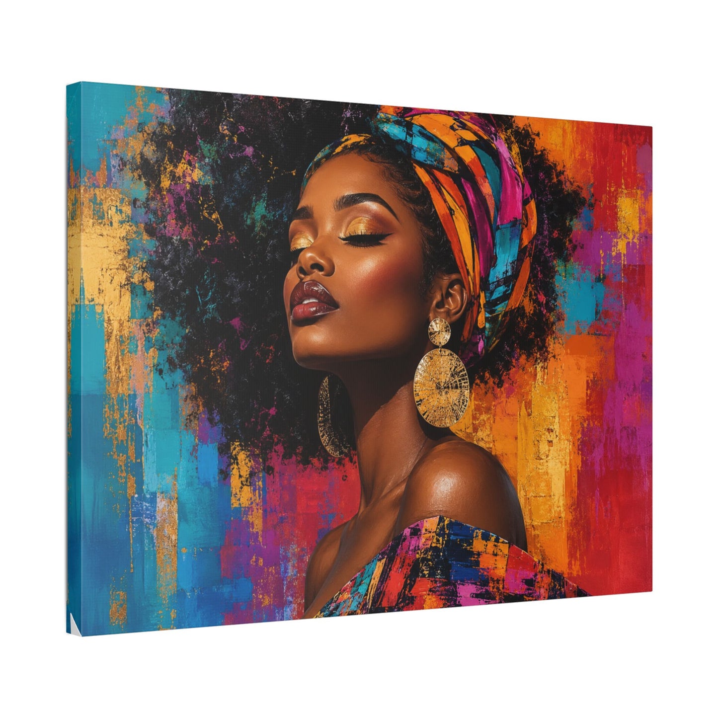 Afrocentric Woman Portrait Canvas — Colorful Headwrap Wall Art