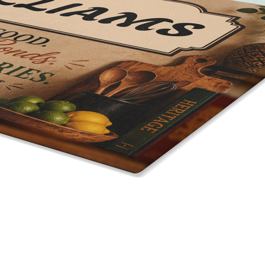 Personalized Glass Cutting Board — '[YOUR LAST NAME]' Family Kitchen Sign, 'Good Food. Stronger Bonds. Lasting Memories.'