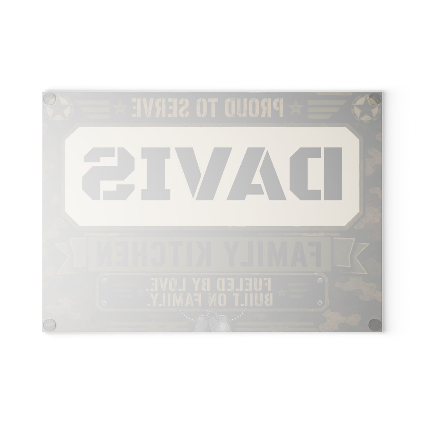 Personalized Military Camo Glass Cutting Board — “[YOUR LAST NAME] Family Kitchen: Proud to Serve”