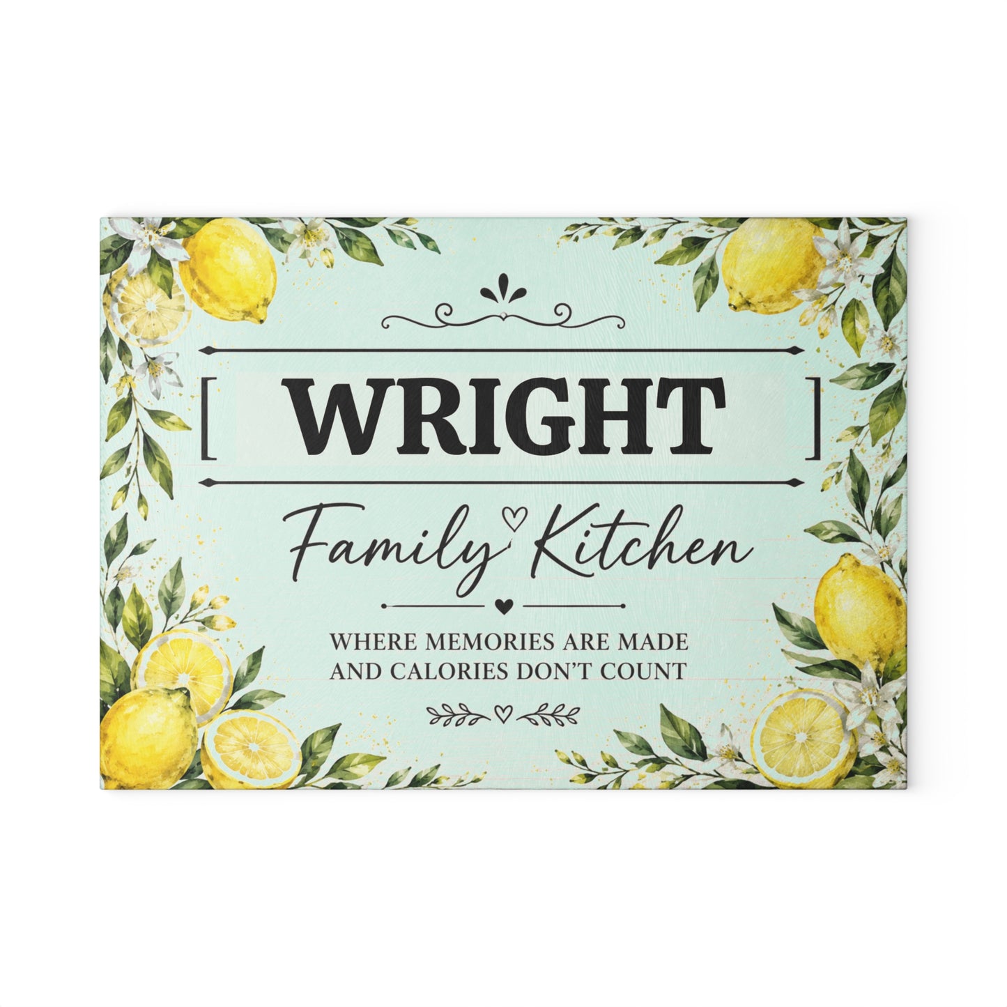 Personalized Glass Cutting Board – "[YOUR LAST NAME] Family Kitchen" Lemon Design (Where Memories Are Made)