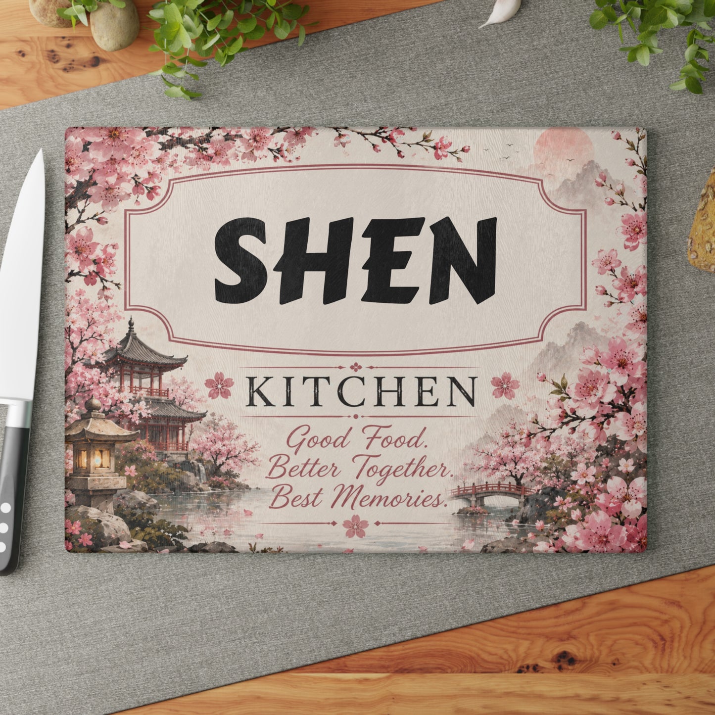 Personalized Glass Cutting Board - Cherry Blossom '[YOUR LAST NAME] Kitchen' Decorative Countertop Sign