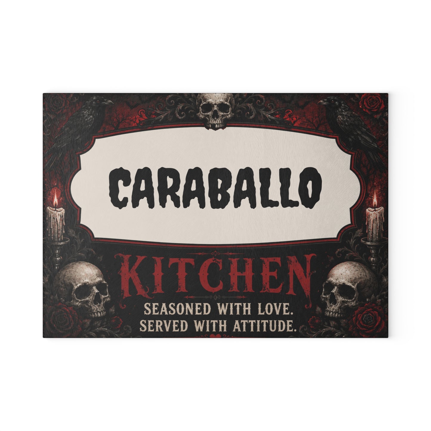 Personalized Gothic Glass Cutting Board – "CARABALLO Kitchen: Seasoned with Love, Served with Attitude"