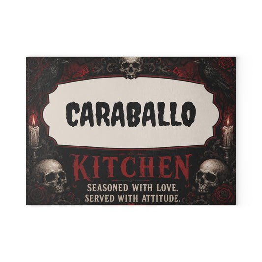 Personalized Gothic Glass Cutting Board – "CARABALLO Kitchen: Seasoned with Love, Served with Attitude"