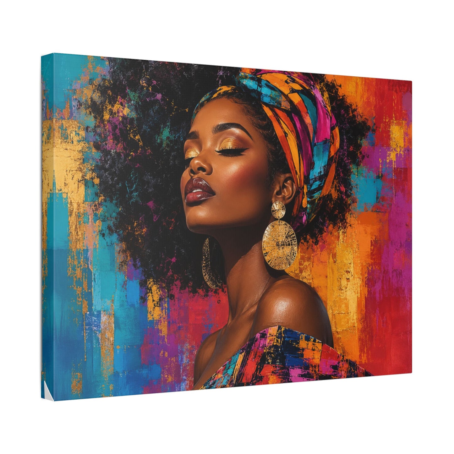 Afrocentric Woman Portrait Canvas — Colorful Headwrap Wall Art