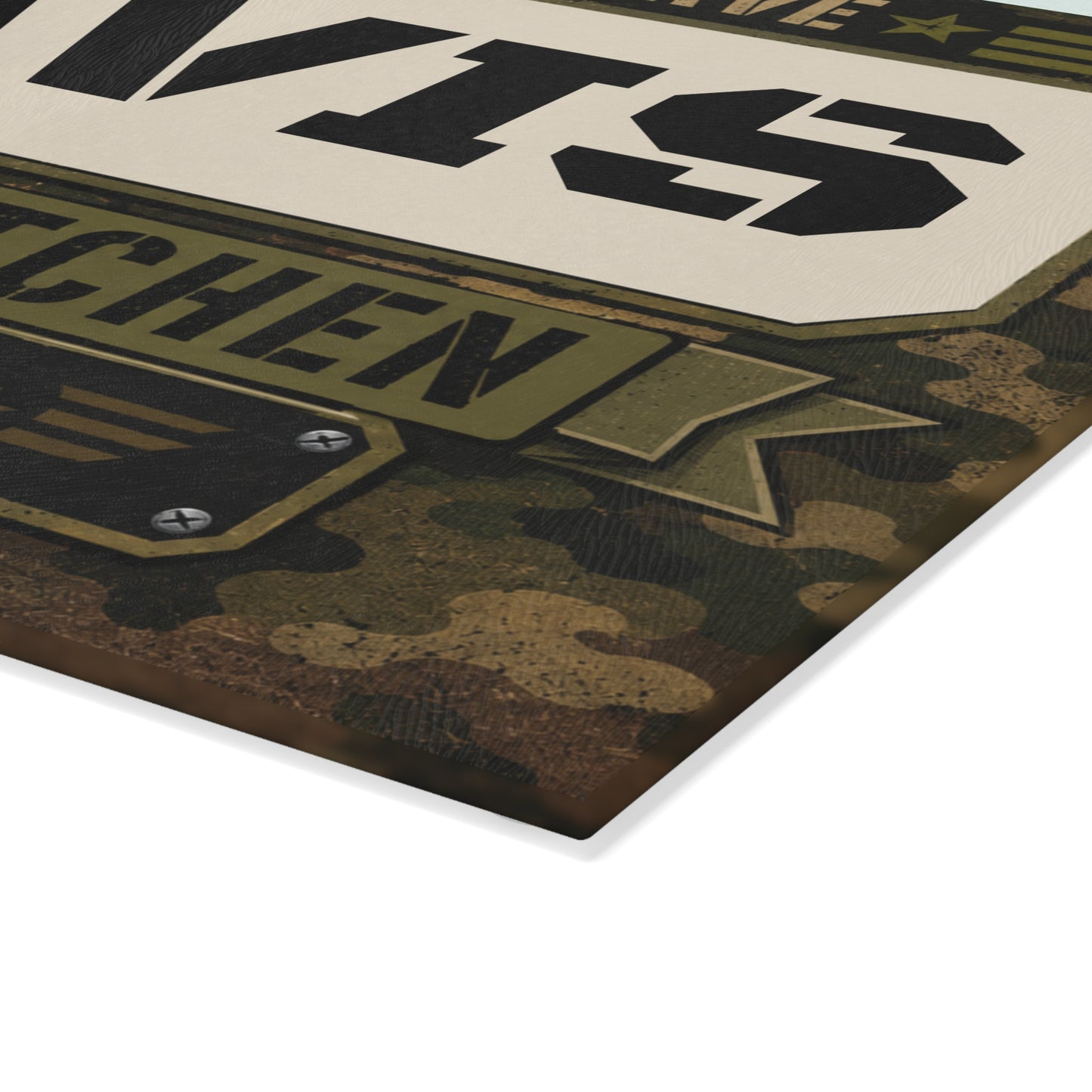 Personalized Military Camo Glass Cutting Board — “[YOUR LAST NAME] Family Kitchen: Proud to Serve”