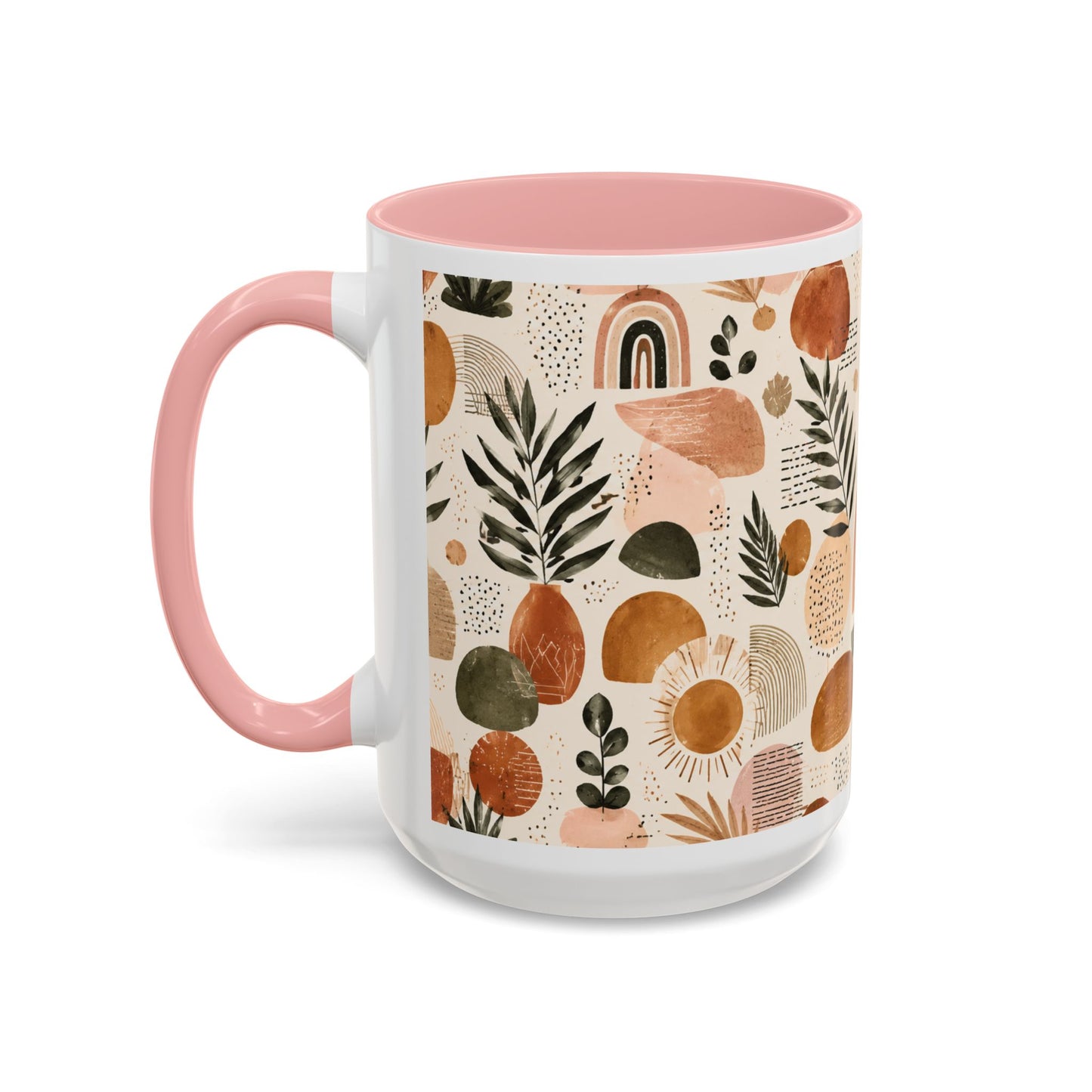 Boho Earth Tone Accent Coffee Mug — Abstract Rainbows & Plants (11/15oz)