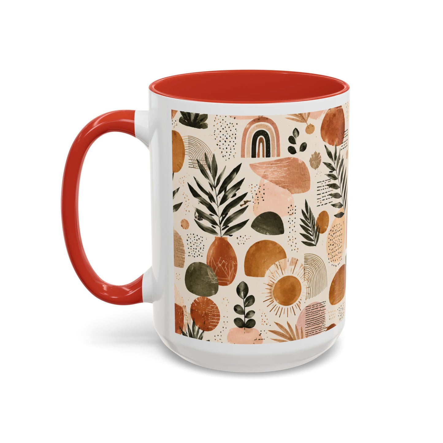 Boho Earth Tone Accent Coffee Mug — Abstract Rainbows & Plants (11/15oz)