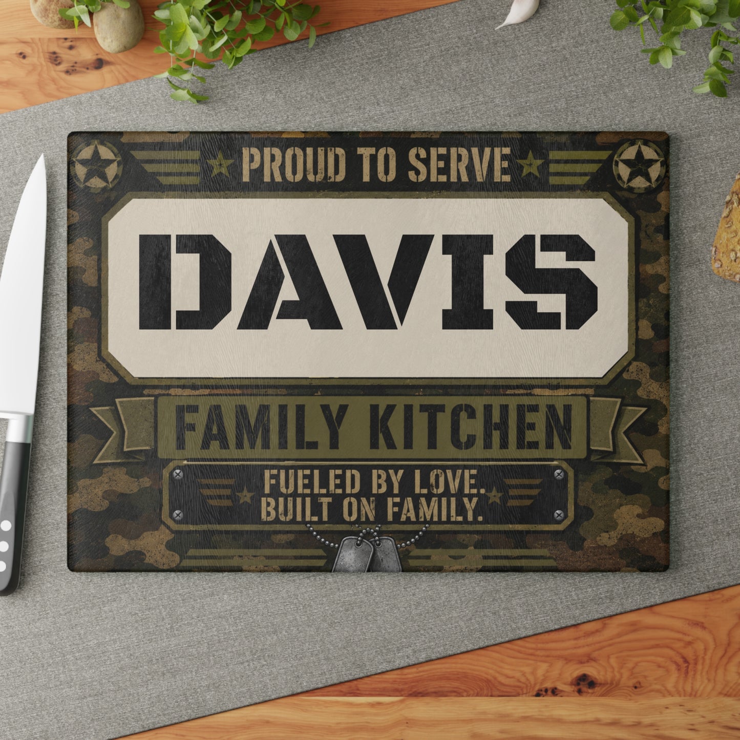 Personalized Military Camo Glass Cutting Board — “[YOUR LAST NAME] Family Kitchen: Proud to Serve”