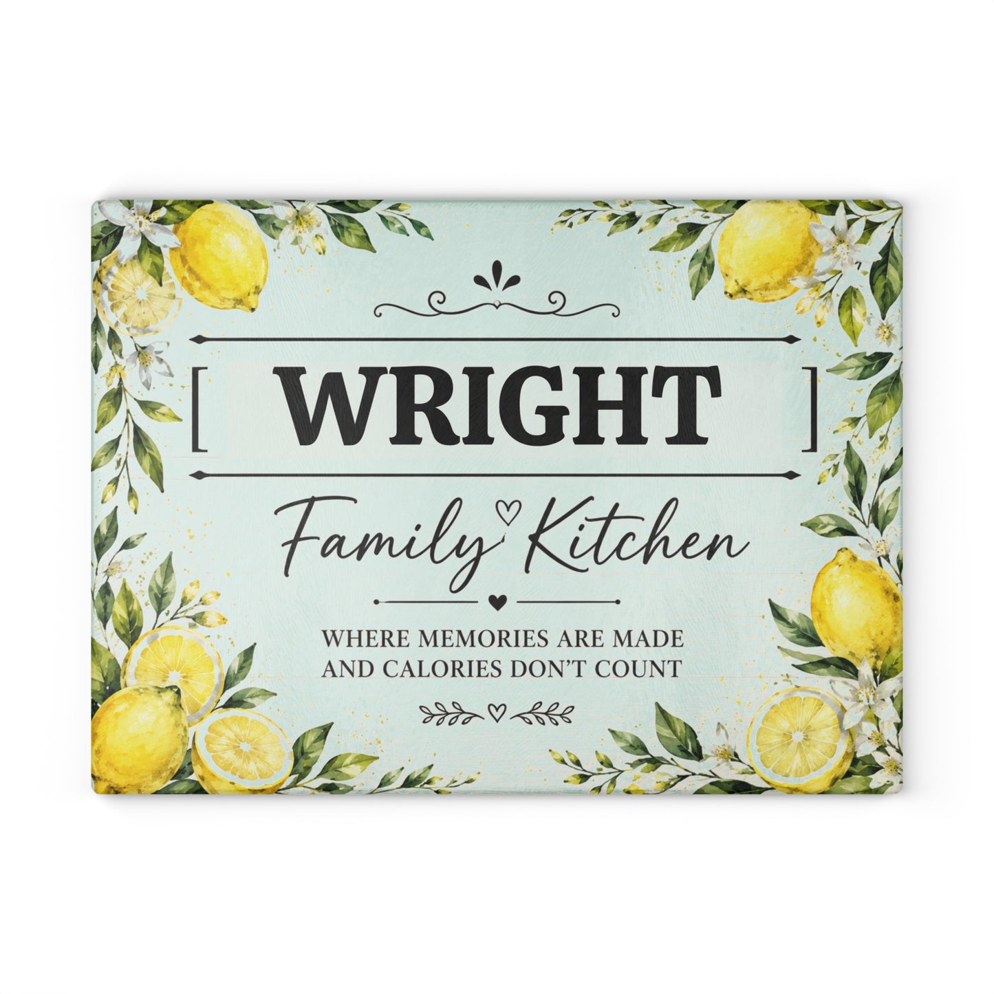 Personalized Glass Cutting Board – "[YOUR LAST NAME] Family Kitchen" Lemon Design (Where Memories Are Made)