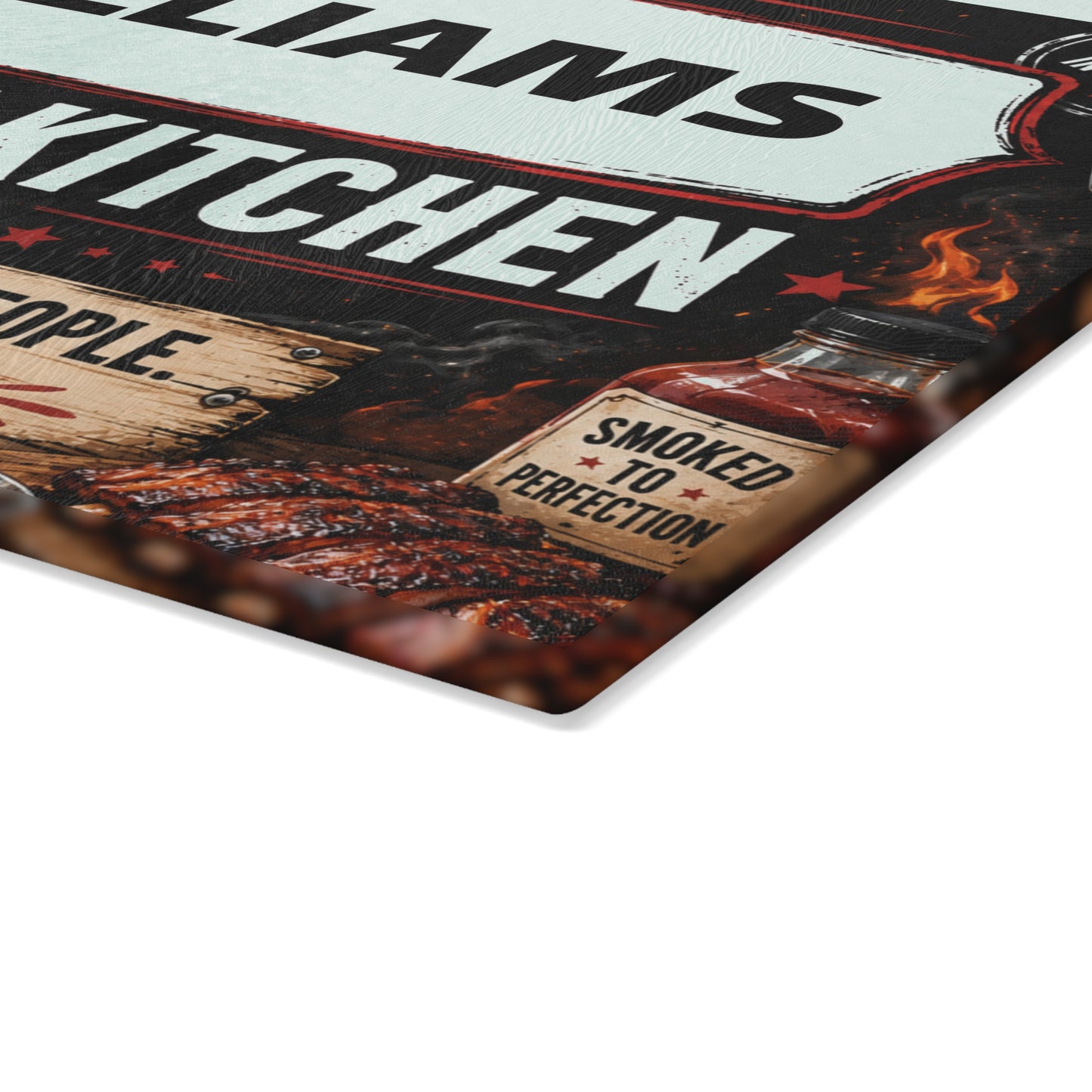 Personalized Family Kitchen Glass Cutting Board — 'The [Name] Family Kitchen' BBQ Sign Design