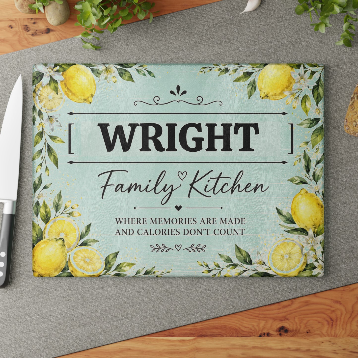 Personalized Glass Cutting Board – "[YOUR LAST NAME] Family Kitchen" Lemon Design (Where Memories Are Made)