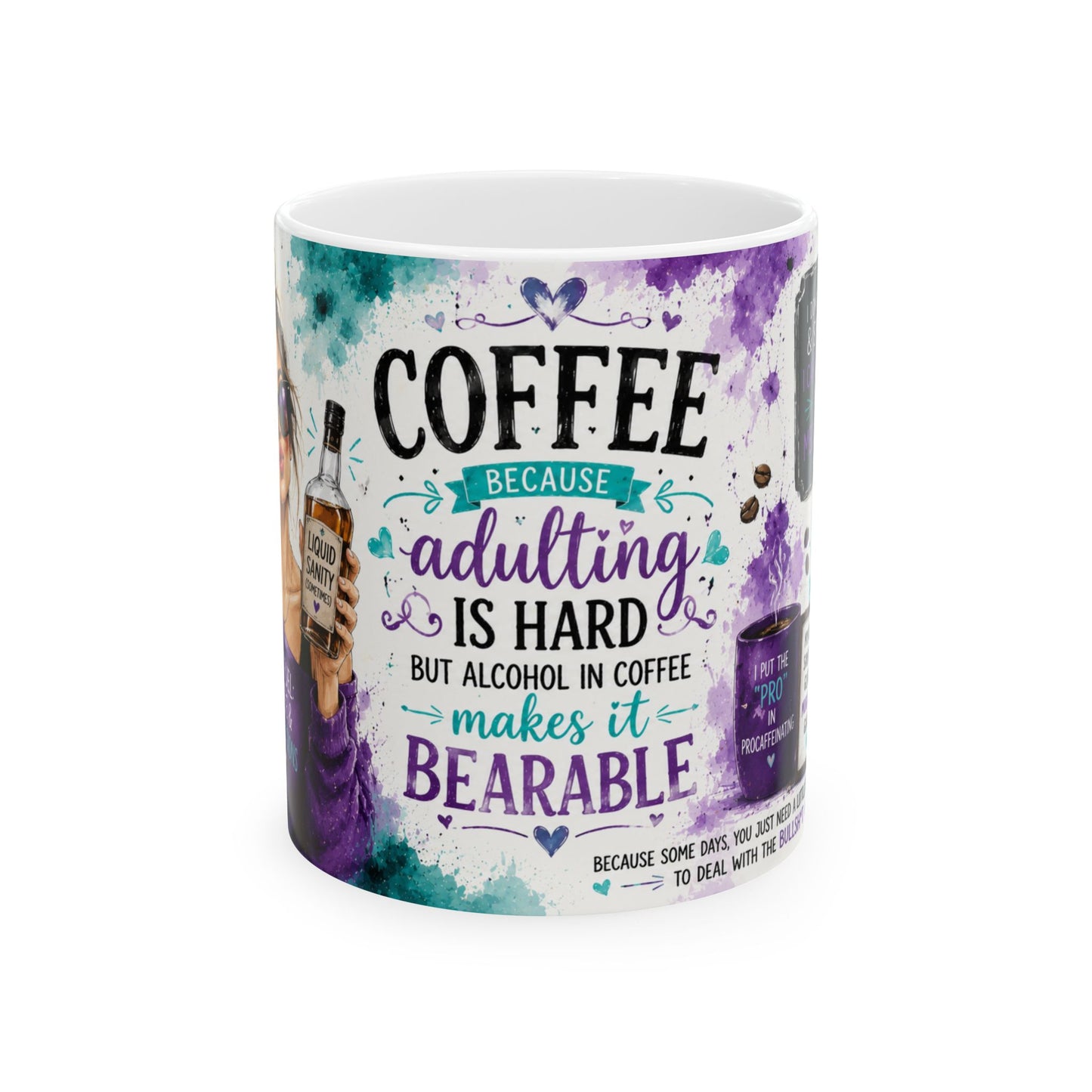 Coffee Mug — “Because Adulting Is Hard” Funny Alcohol-in-Coffee Ceramic Mug (11oz & 15oz)
