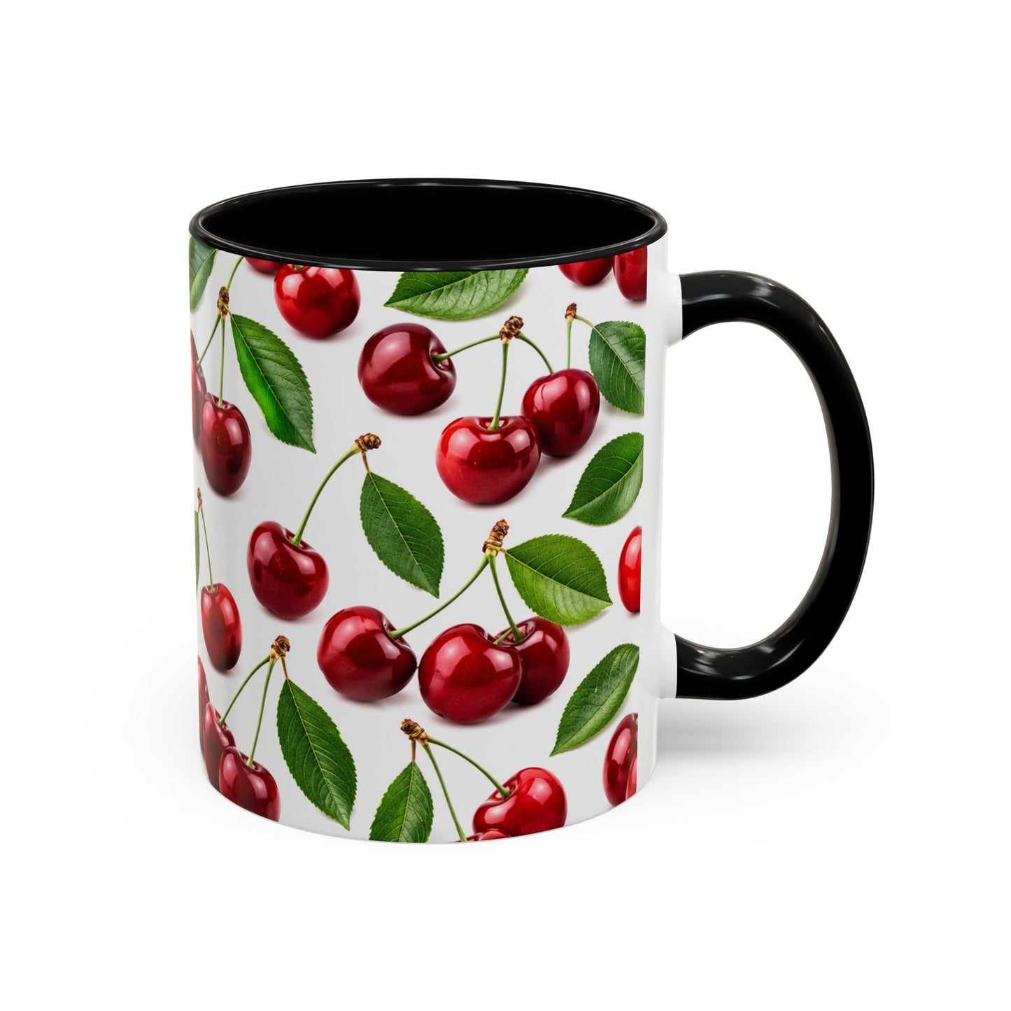 Cherry Pattern Accent Coffee Mug — Retro Red Cherry Ceramic Cup (11/15 oz)