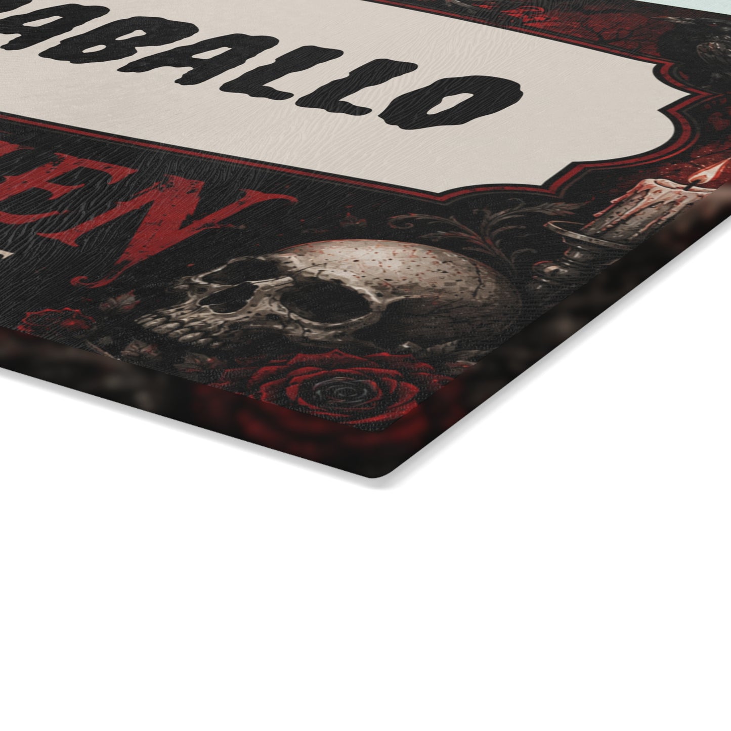 Personalized Gothic Glass Cutting Board – "CARABALLO Kitchen: Seasoned with Love, Served with Attitude"