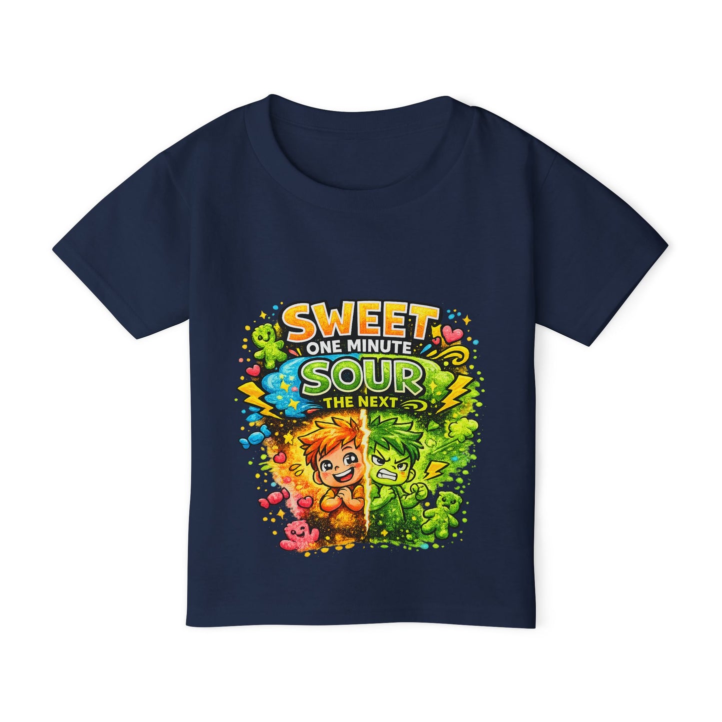 Toddler T-Shirt — "Sweet One Minute, Sour The Next" Colorful Cartoon Kids Tee