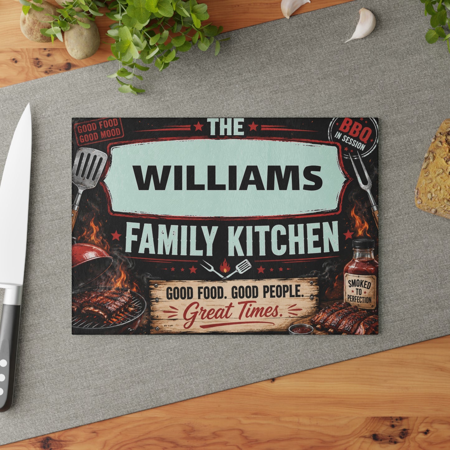Personalized Family Kitchen Glass Cutting Board — 'The [Name] Family Kitchen' BBQ Sign Design