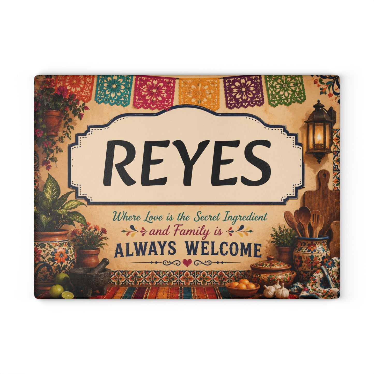 Personalized Glass Cutting Board — '[YOUR LAST NAME]' Welcome Kitchen Plaque with 'Where Love is the Secret Ingredient' Design