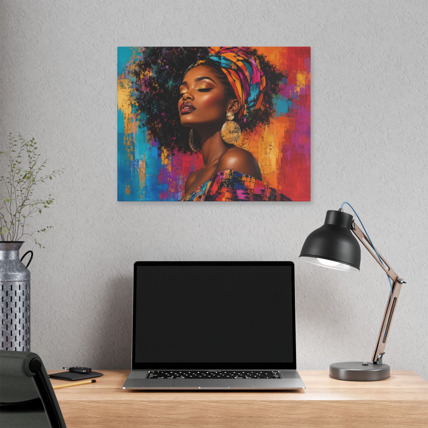 Afrocentric Woman Portrait Canvas — Colorful Headwrap Wall Art
