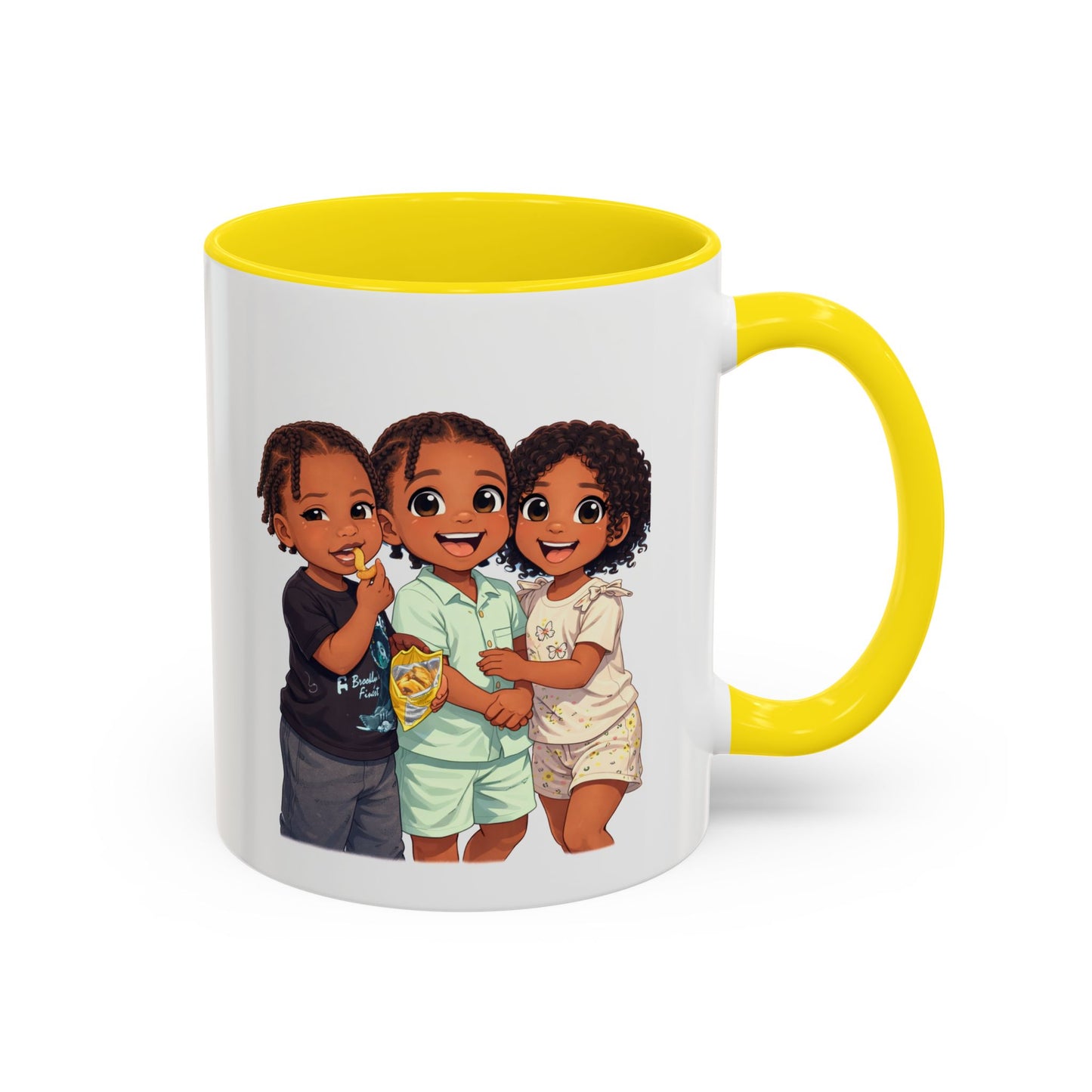 Cute Kids Trio Accent Coffee Mug — Adorable Cartoon Siblings Design (11/15oz)