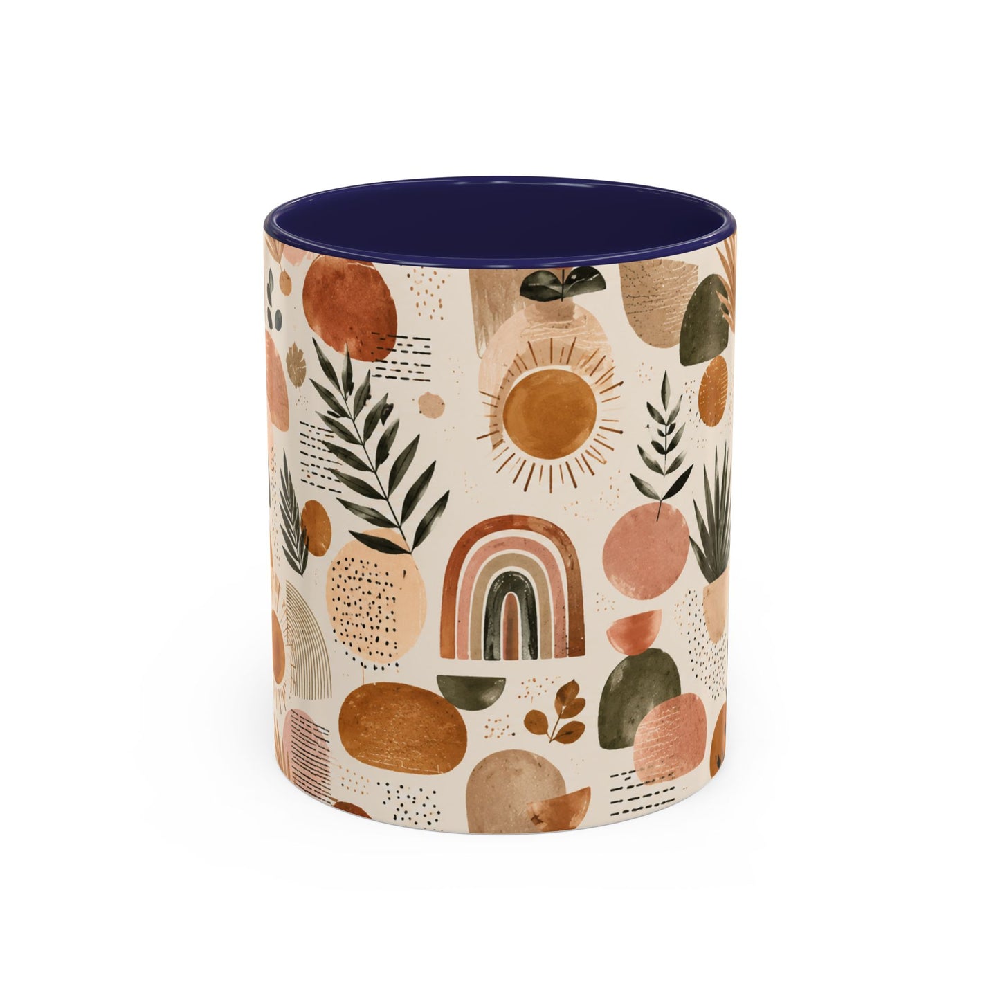 Boho Earth Tone Accent Coffee Mug — Abstract Rainbows & Plants (11/15oz)