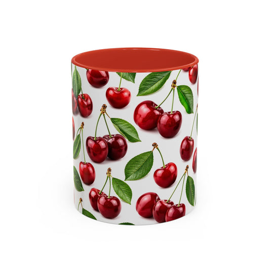 Cherry Pattern Accent Coffee Mug — Retro Red Cherry Ceramic Cup (11/15 oz)